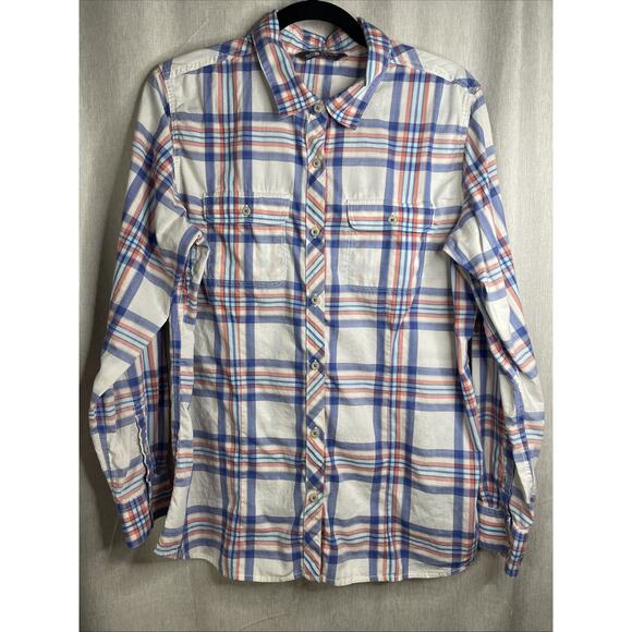 The North Face Tops - THE NORTH FACE Women's Orange/White/Blue Plaid Long Sleeve Button-Down Shirt XL